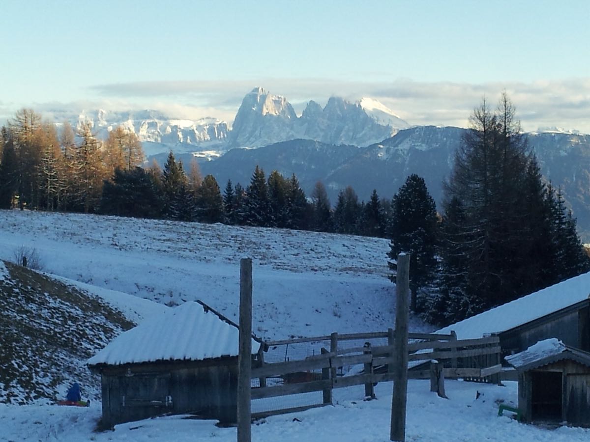 Winterliches Panorama von der Gasserhütte aus: die Dolomiten in der Nachmittagssonne. Südtirol – Foto: Beate Ziehres